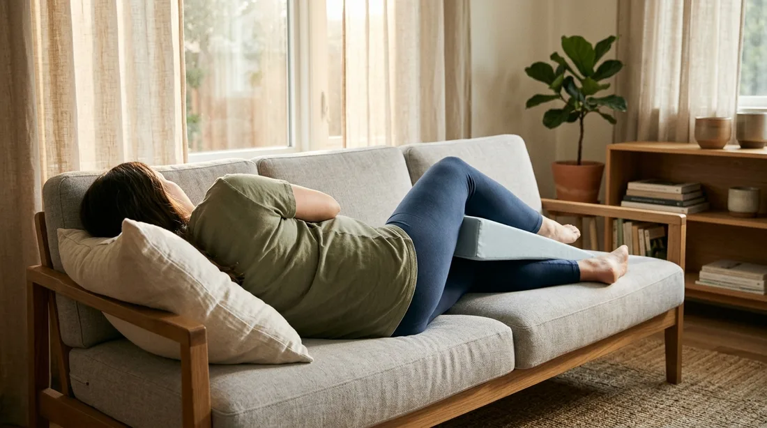 Schwangere Frau liegt in Seitenlage auf einem Sofa, ein Keilkissen stützt das obenliegende, angewinkelte Bein